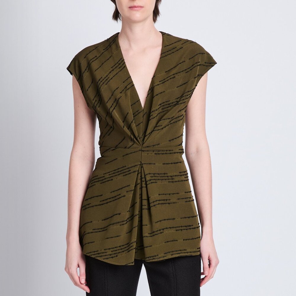 Proenza Schouler Stella Pleated Top Womens 12 Green Textured Stripe Frou NEW